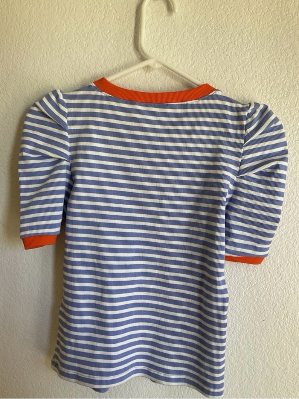 Anthropologie Striped Puff Sleeve Tee in Blue, White & Orange Trim - Picture 2 of 7